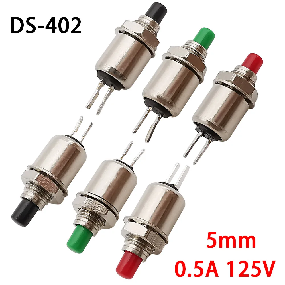 DS-402 Mini Push Button Switches 5mm 2 Pin Self-reset Momentary Switch Spring Lockless Button Switches 0.5A 125V Red Black Green