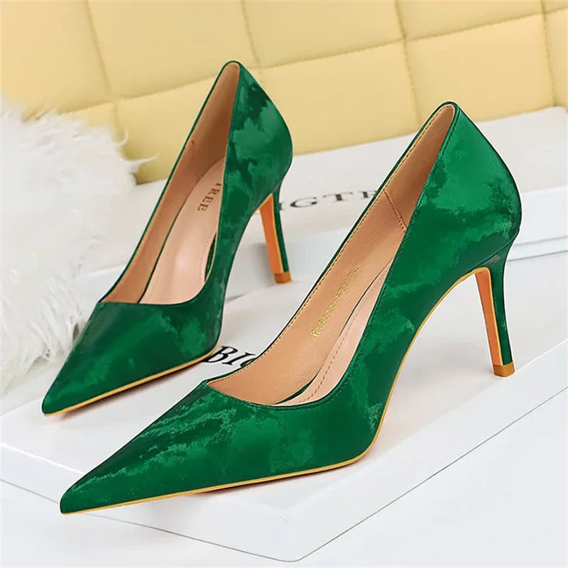 BIGTREE Summer Pumps Women Fashion Embossed Satin Shoes Women High Heels Sexy Pointed Toe Stripper Party Female Sandals