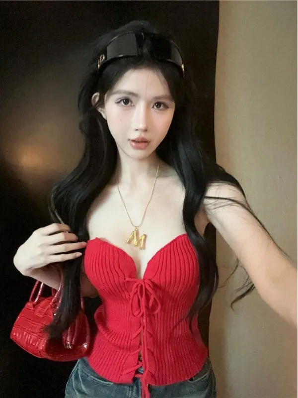 Red Slim Fit Strapless Bustier Top Women's Fashionable Knot Detail Base Shirt Pure Color Knitted Short Style Versatile Style