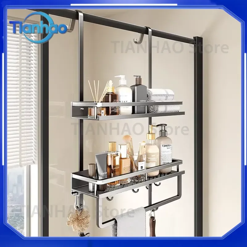 Gunmetal Shower Room Storage Rack for Bathroom Hanging Basket Glass Partition Organizer for Shower Restroom Storage