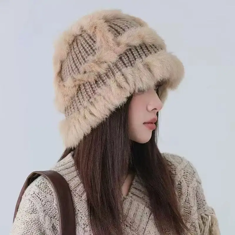 Plush bag head showing face small fur bucket hat bag face knitted hat women's autumn and winter warm wool hat cold view 2