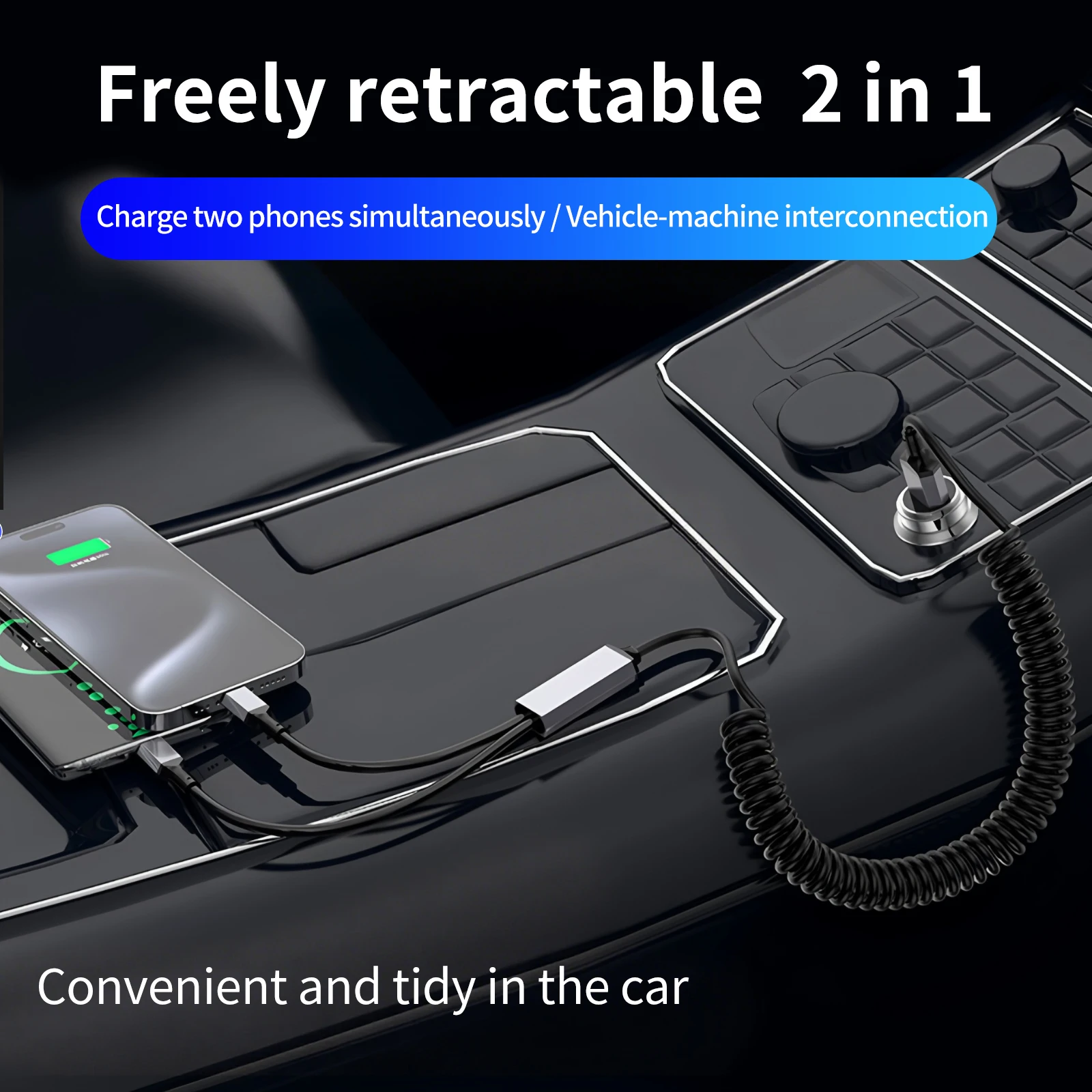 Coiled Multi USB Charger Cable 2 in 1 Multiple USB to Type C Fast Charging Cord 90 Degree 5A Spring Cable for Carplay/iPhone 17/