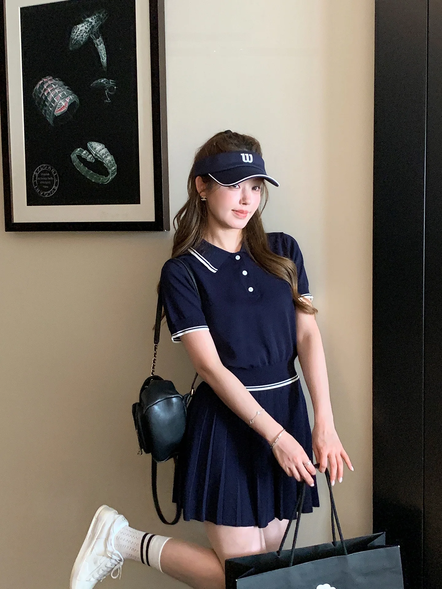 

Style Knitted Shirt And Pleated Skirt Set Women's Summer Fashion Two-Piece Suit Short Sleeve College Wind