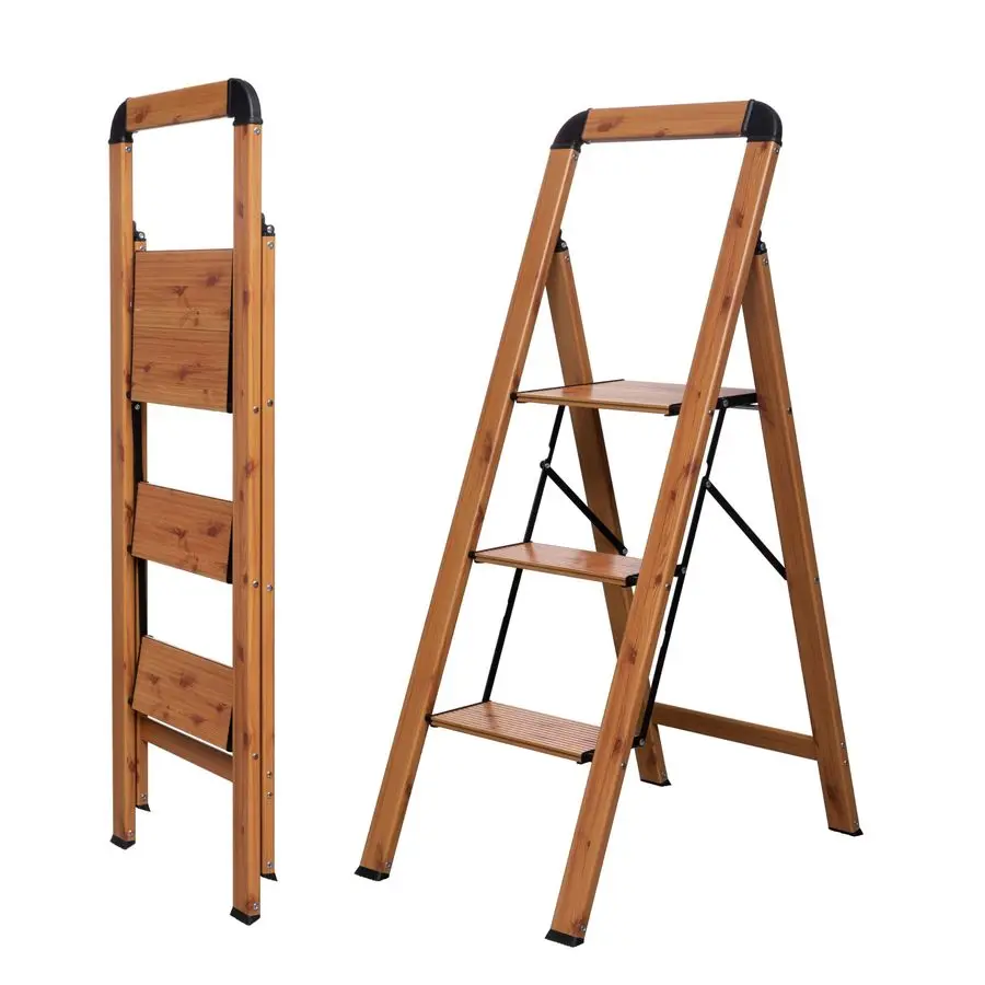 Escalera de 3 Peldaños con Acabado Imitación Madera, Taburete Plegable de Aluminio con Pedal Ancho, Antideslizante, Portátil y Resistente para Hogar, Cocina y Oficina 330