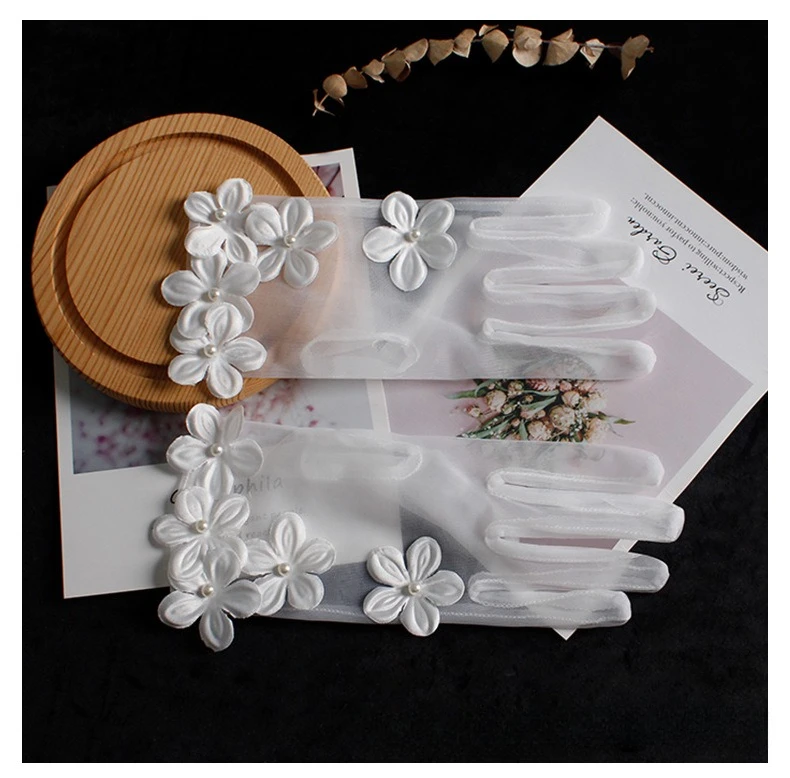 Gloves Wedding Tulle Pearl Floral Short White Elegant for Brides Photo Shoot Dress Formal Premium Quality Accessory