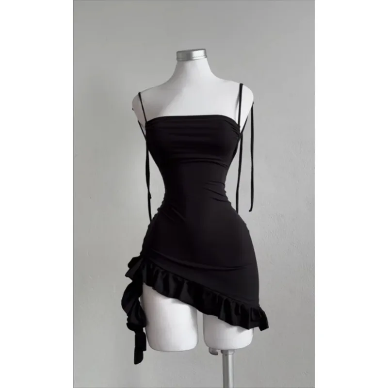Sleeveless Backless Ruffles Mini Dress Women Summer Y2K Lace Up Black Bodycon Dresses Party Club Streetwear 2025 New Sundress