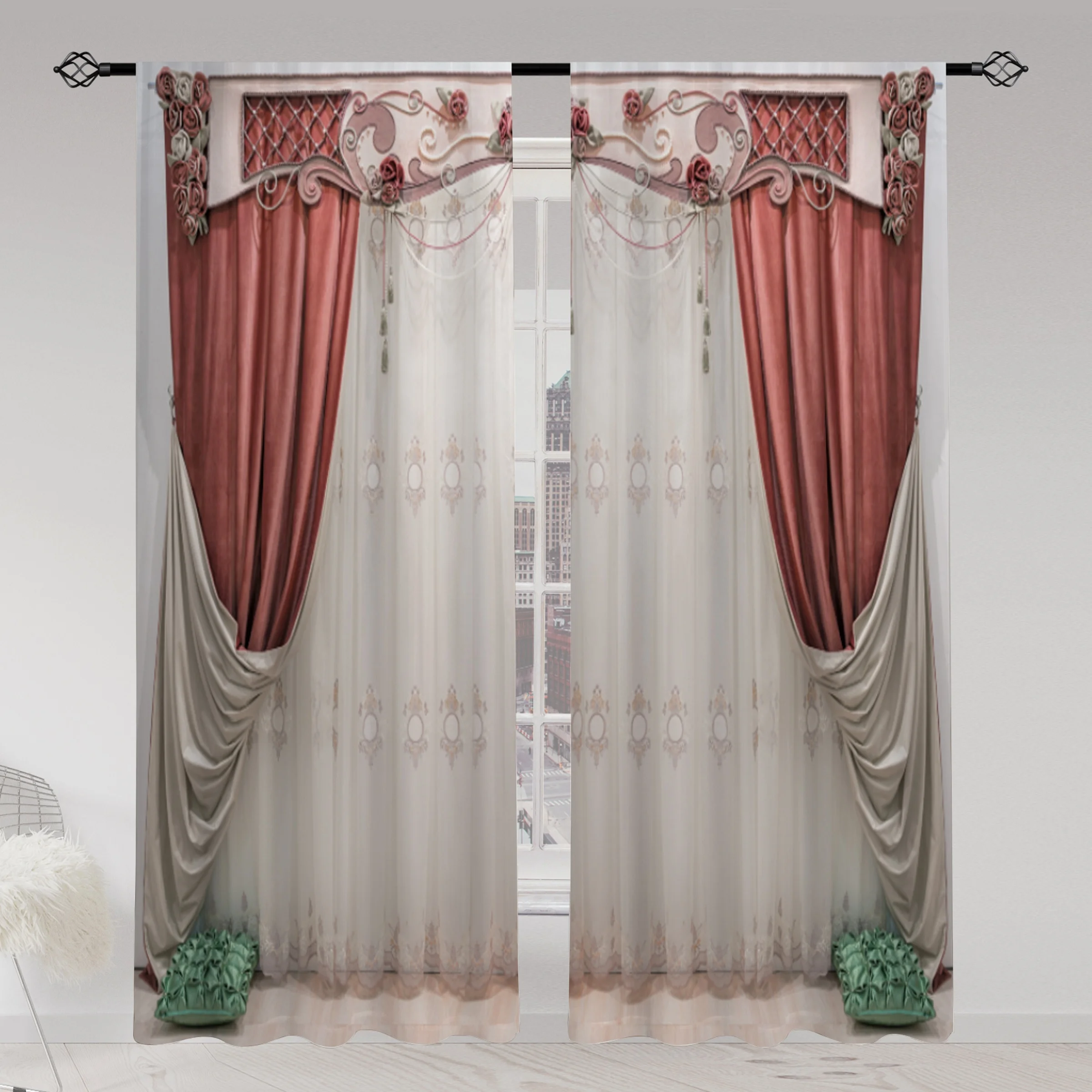 

2pcs American Vintage 3D Printed Translucent Curtains Multi-scene Polyester Rod Pocket Decorative Curtains For Living Room