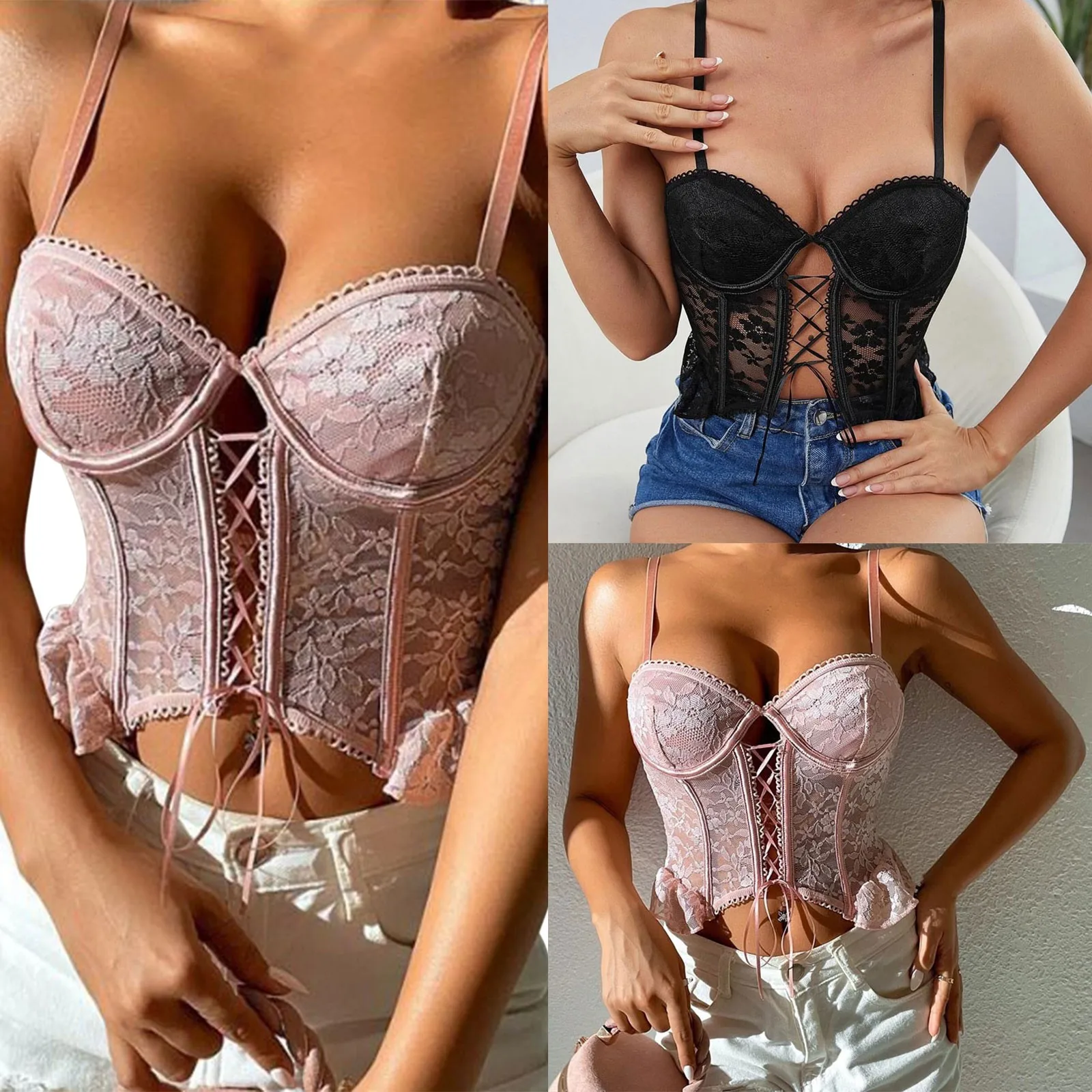 Pink Floral Lace Trim Summer Tops Cute sexy Y2K Clothes Hollow Out Bandage Sexy Bustiers Corsets Vest Female Camisole 2023