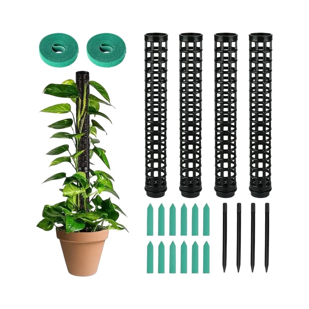 Plastic Climbing Plant Support Kit Includes Moss Poles Fabric Binding Strips Identification Tags and Brackets for Complete Setup