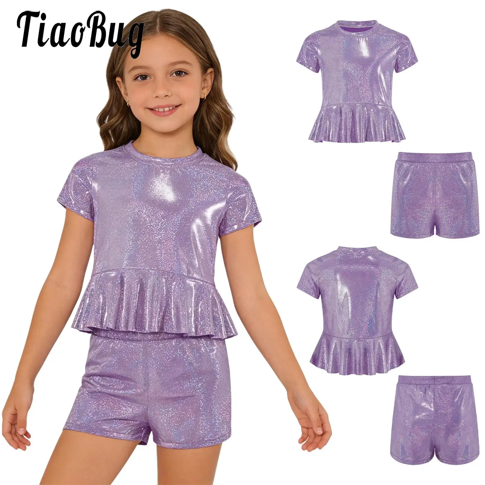 Kids Girls Metallic Shiny Modern Cheerleading Dance Outfit Short Sleeve Peplum Top with Elastic Waistband Shorts Performance Set