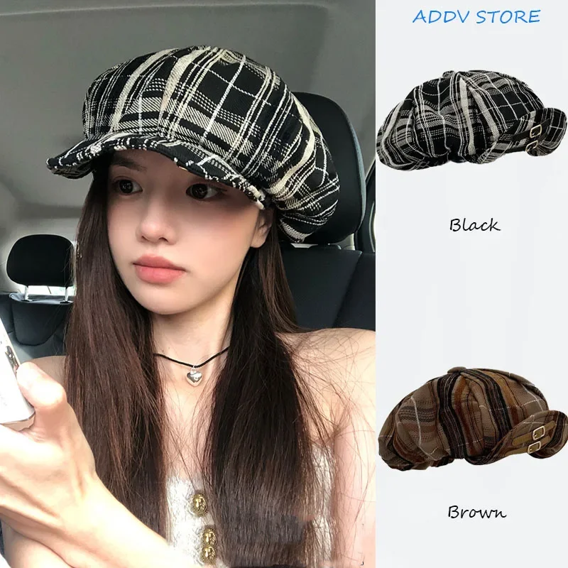 Y2K Plaid Belt Buckle Turned Brim Octagonal Hats for Women Autumn Hundred Hat Vegetarian Painter Cloud Newsboy Cap Gorras