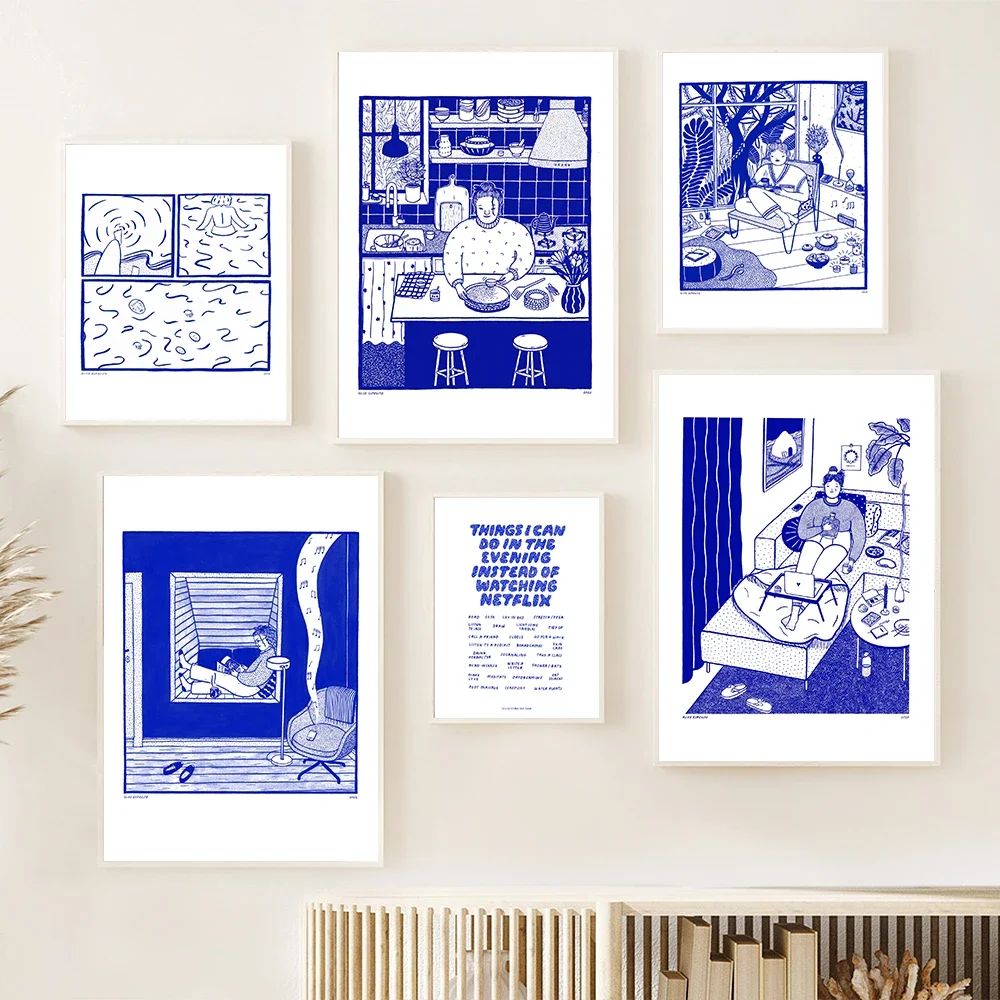 (No frame)Blue Picture Kitchen Living Art Poster Print Simplicity White Abstract Retro Canvas Painting Room Home Decor SwimNo