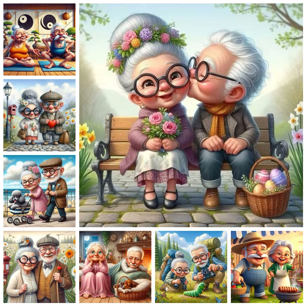 Cartoon Happy Old Couple 5D Full Round Diamond Painting Kits, Cute Grandma And Grandpa DIY Drills Mosaic Embroidery Cross-stitch