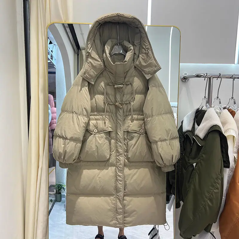 

Korean Style Thickened down Cotton Jacket Women's Mid-Length Over-Knee Hooded Bull Horn Cotton Coat Winter New Arrival
