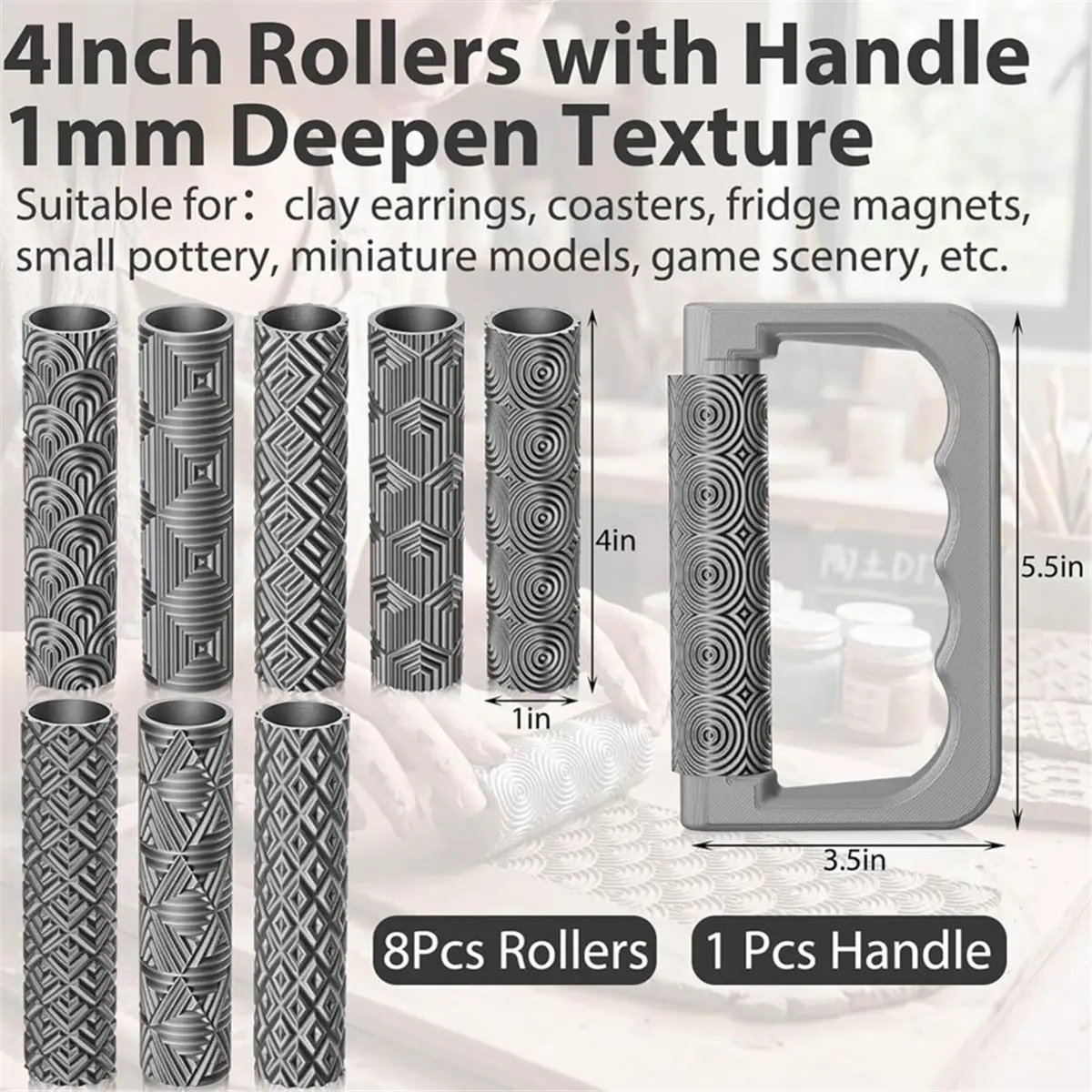9 Pcs Clay Texture Roller Set with Handle, Geometric Pattern Rollers for Clay and Crafts