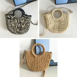 Big Capacity Handmade Bags Straw Moon shaped Wrapped Beach Bag Top Handle Handbags Ladies