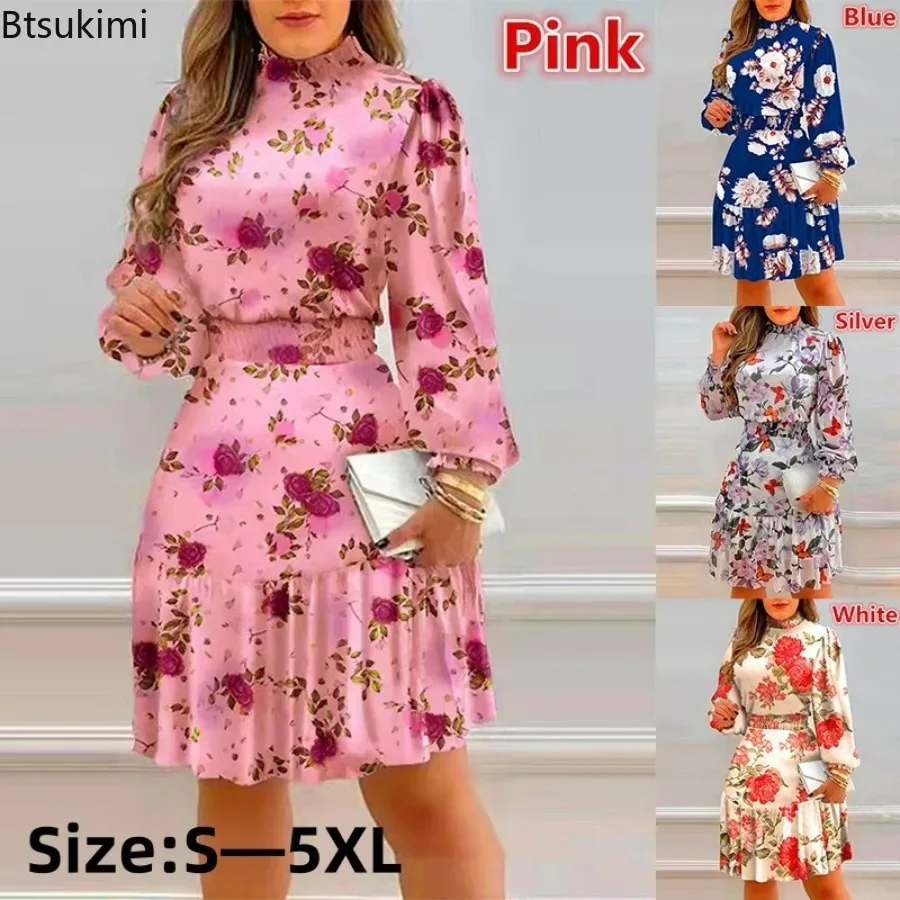 

New 2024 Women's Casual Floral Print Long Sleeve Midi Dress Club Party Elegant Evening High Waist Dress Loose Maxi Work Vestidos