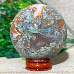 Natural Crystal Sphere Ball Moss Agate Druzy Beauty Quartz Healing Stone Reiki Minerals Beauty Home Decoration+Stand