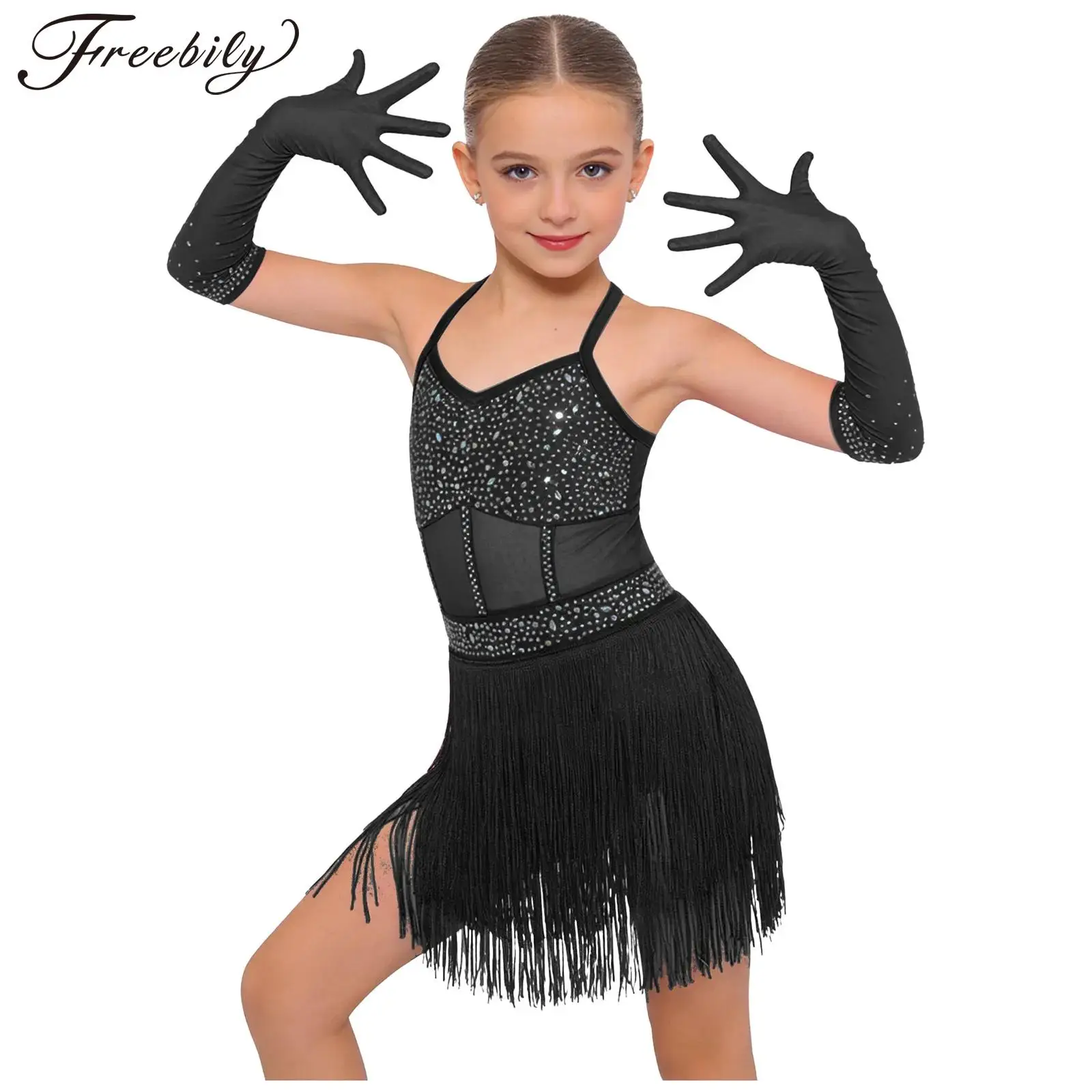 

Детский костюм для латиноамериканских танцев для девочек: блестящий боди без рукавов со стразами и бахромой, леотард с перчатками для бальных танцев, танго, самбы, дискотеки