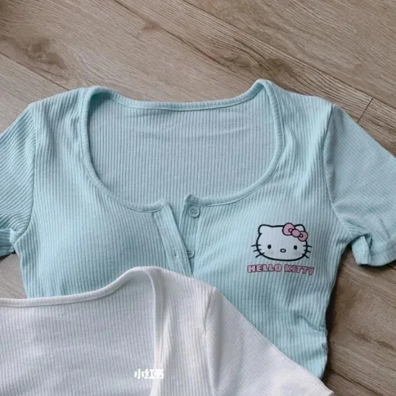 Nowy Sanrio Hello Kitty seksowna bielizna z krótkim rękawem modny Trend damski t-shirt z okrągłym dekoltem Top kreskówka z wkładek do biustonosza