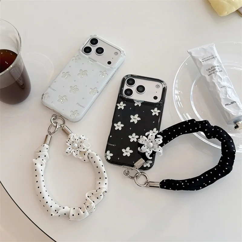 

Minimalist Floral Print Phone Case with Matching Polka Dot Wrist Strap for iPhone 15 16 17 Pro Max Shockproof Protective Cover