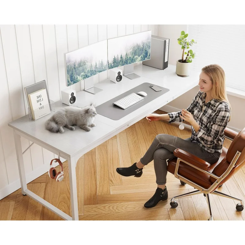 71 Inch White Computer Desk, Modern Style Desk Home Office, Study Student Writing Desk