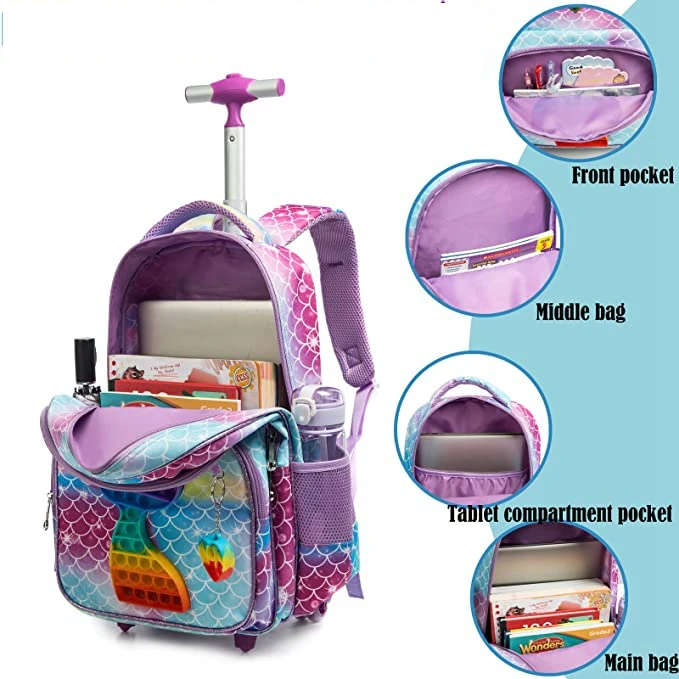 Imagem -06 - School Kids Rolling Backpack com Rodas para Meninas Trolley Rucksack Bookbag on Wheels