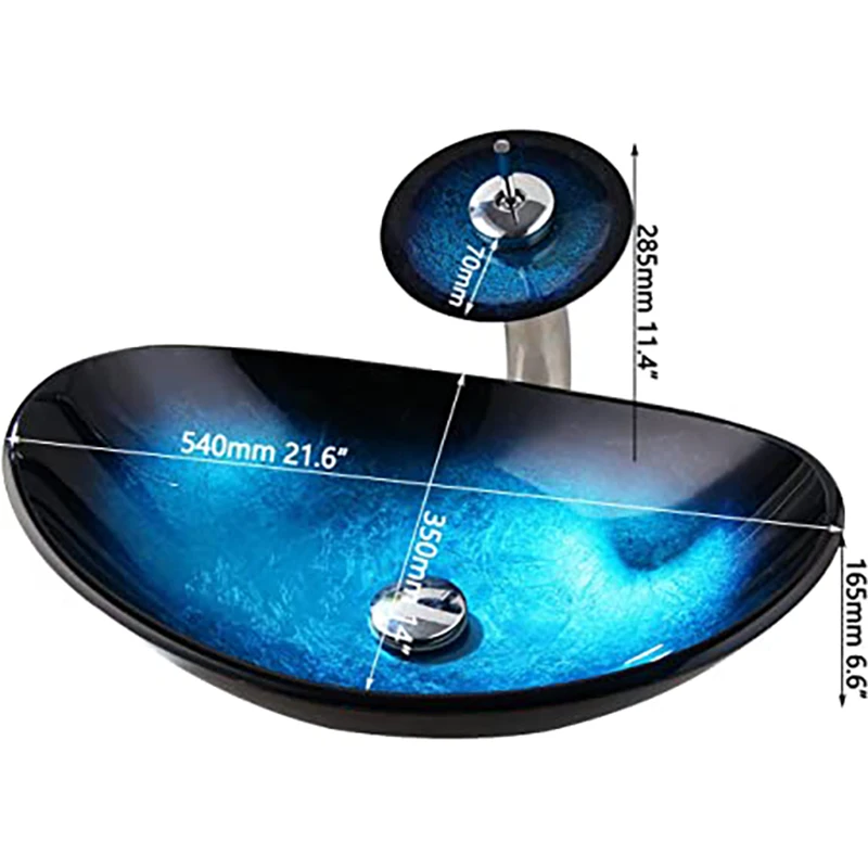 KEMAIDI Oval Blue Bathroom Vessel Sinks With Faucet Vessel Sink Bathroom Glass Sinks Boat Shape Above Counter Glass Sink Bowl view 6