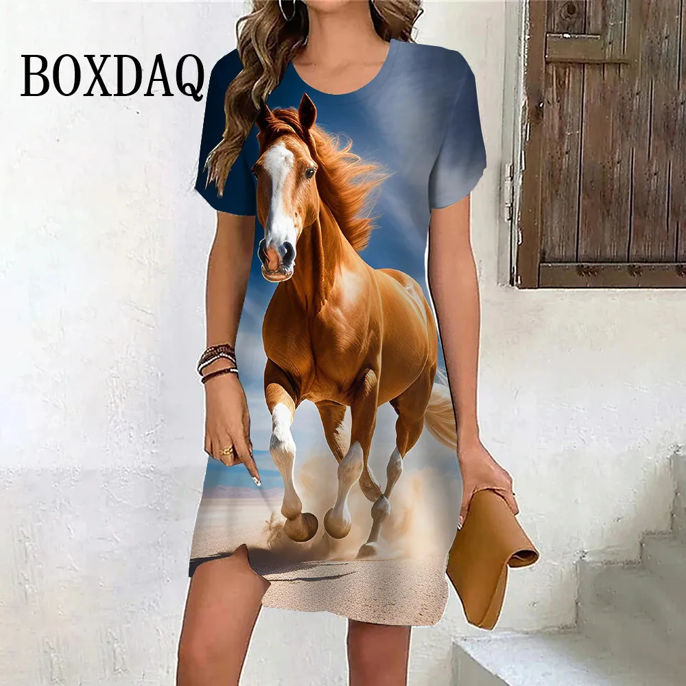 Paardenpatroon Jurk 3d Print Vintage Mini Jurk Vrouwen Korte Mouw Grafische Casual Losse Jurken Streetstyle Oversized Vestidos