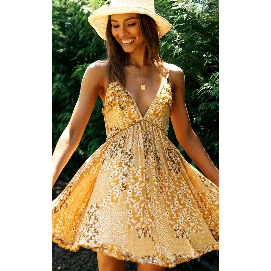 GypsyLady Yellow Floral Mini Dress Summer New Vintage Sexy Strappy Women Dress Sleeveless Ruffles V-neck LadiesFemale Dress New