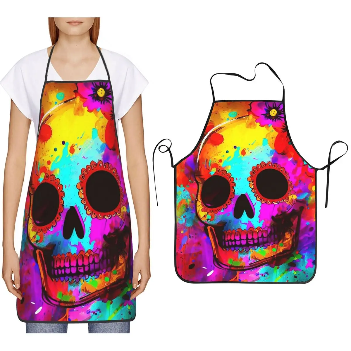 Delantales de Cocina con Diseño de Calavera Mexicana para Halloween, Delantales de Chef para Cocinar y Hornear, Delantales de Limpieza para Mujeres y Hombres, Delantales para Pintar