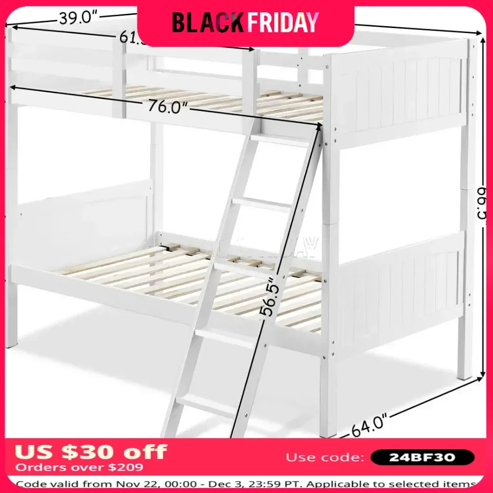 Bunk Beds Convertible 2 Individual Twin Beds for Kids Children, Solid Rubberwood Bunk Bed with Ladder and Safety Rail, Beds Kids