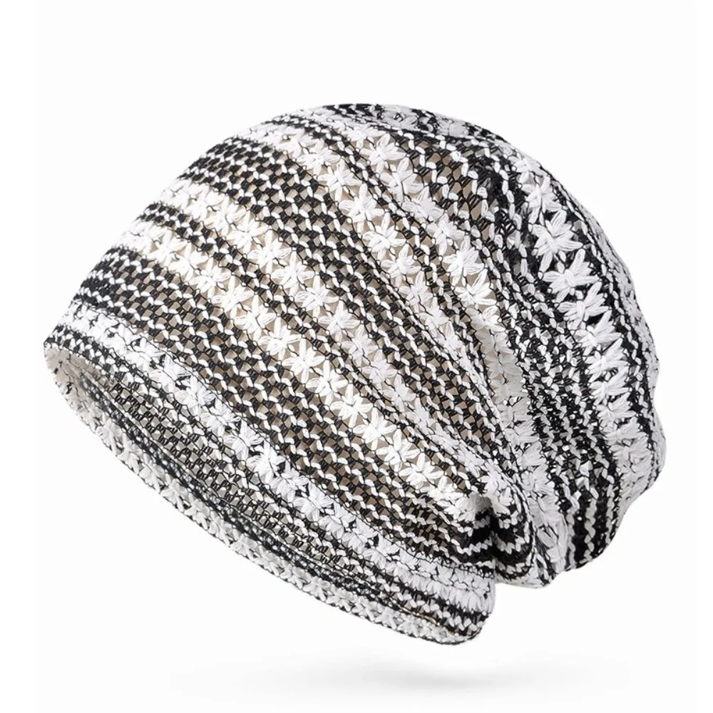 Fashion Lace Breathable Hollowed Hat Soft Elastic Fit Brimless Hat Striped Pattern Polyester Openwork Knit Hat Women