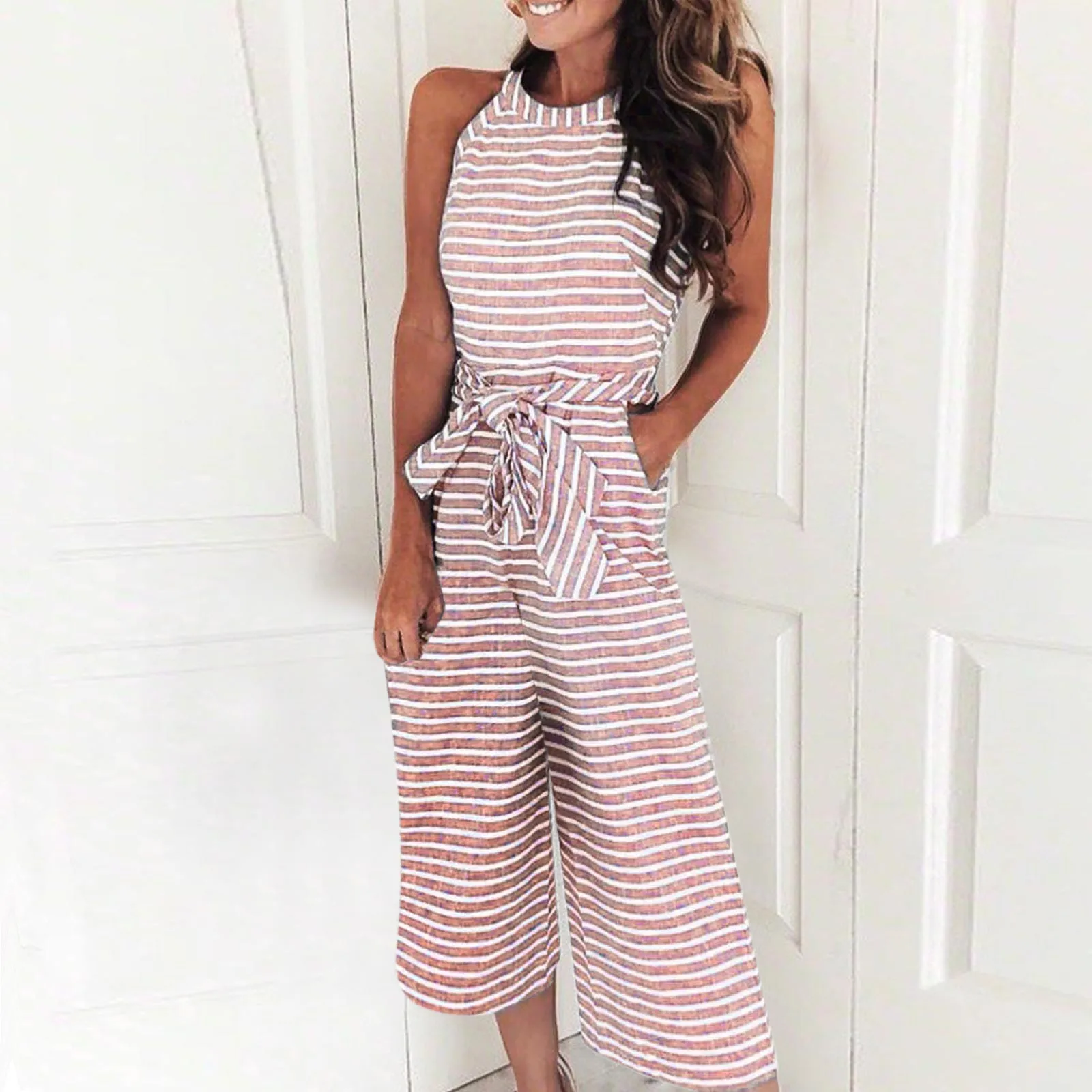 Women'S Summer Fashion New Jumpsuits Slim Fit Round Neck Sleeveless Tops Loose Wide Leg Striped Lace-Up Jumpsuit With Pockets