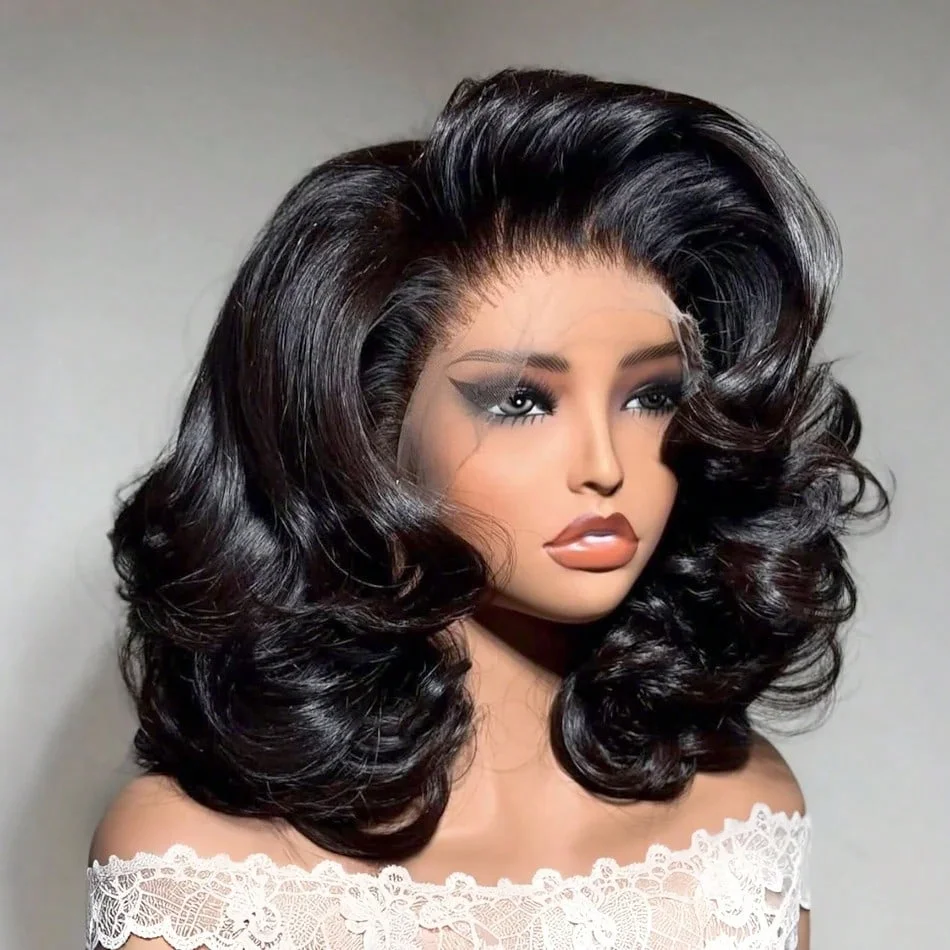 วิกผมบ๊อบลอนคลื่น ความหนาแน่น 250% วิกผมแท้แบบผูกเชือกด้านหน้า 13x4 วิกผมบ๊อบสั้นผมแท้บราซิล สีดำธรรมชาติ สำหรับผู้หญิง