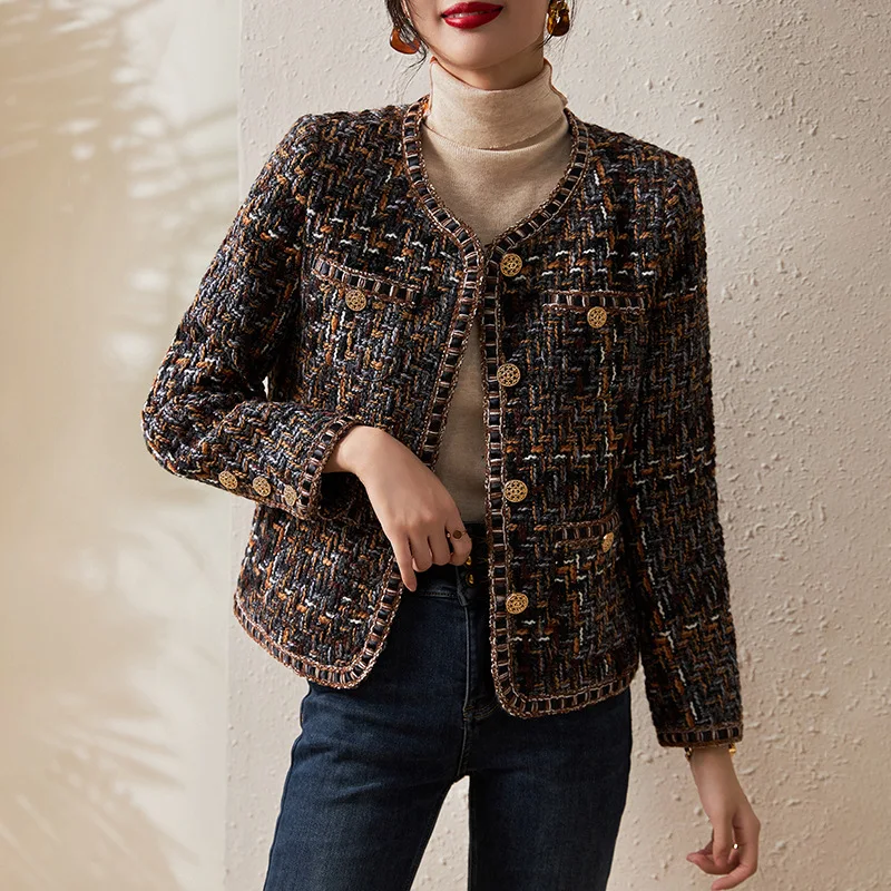ZJYT-chaquetas de lana de Tweed a cuadros para mujer, abrigos de manga larga, prendas de vestir exteriores Vintage de un solo pecho para oficina,