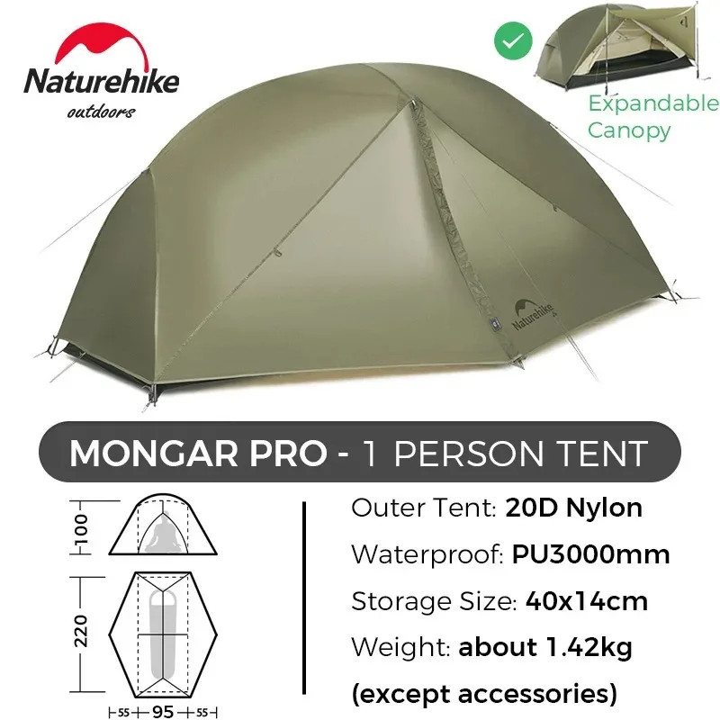 Naturehike Mongar Pro 1 2 3-persoons tent ultralicht waterdicht backpacktent kampeer- en wandeltent outdoor draagbare 20D nylon beschuttingstent met luifel