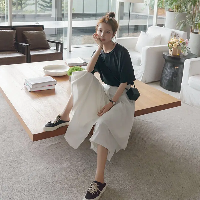 Casual Loose Women's White Skirt Spring Summer Fashion Half-length Pants Style Artistic Vintage Cotton Blend Midi Skirt