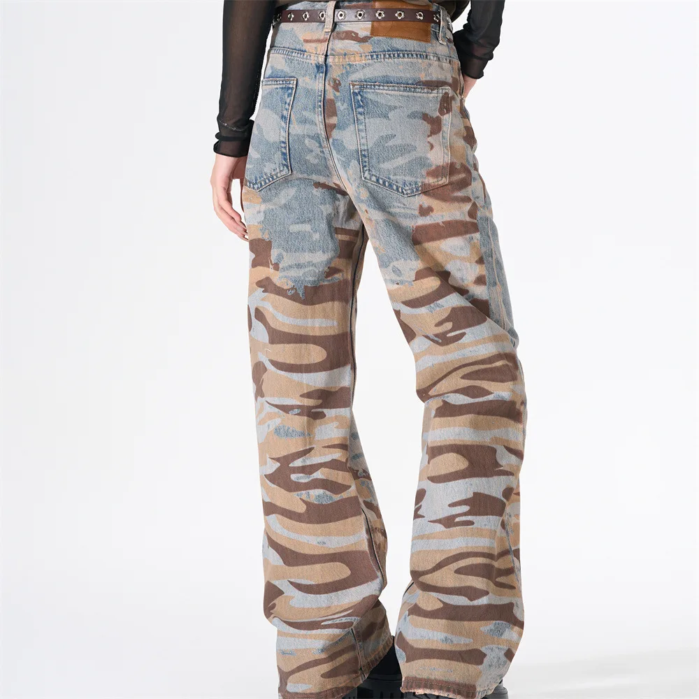 MWJLPWQ Stripe Camouflage Distressed Jeans For Men Hippie Trendy Vibe Style Slightly Flared Washed Loose Casual Trousers 17302
