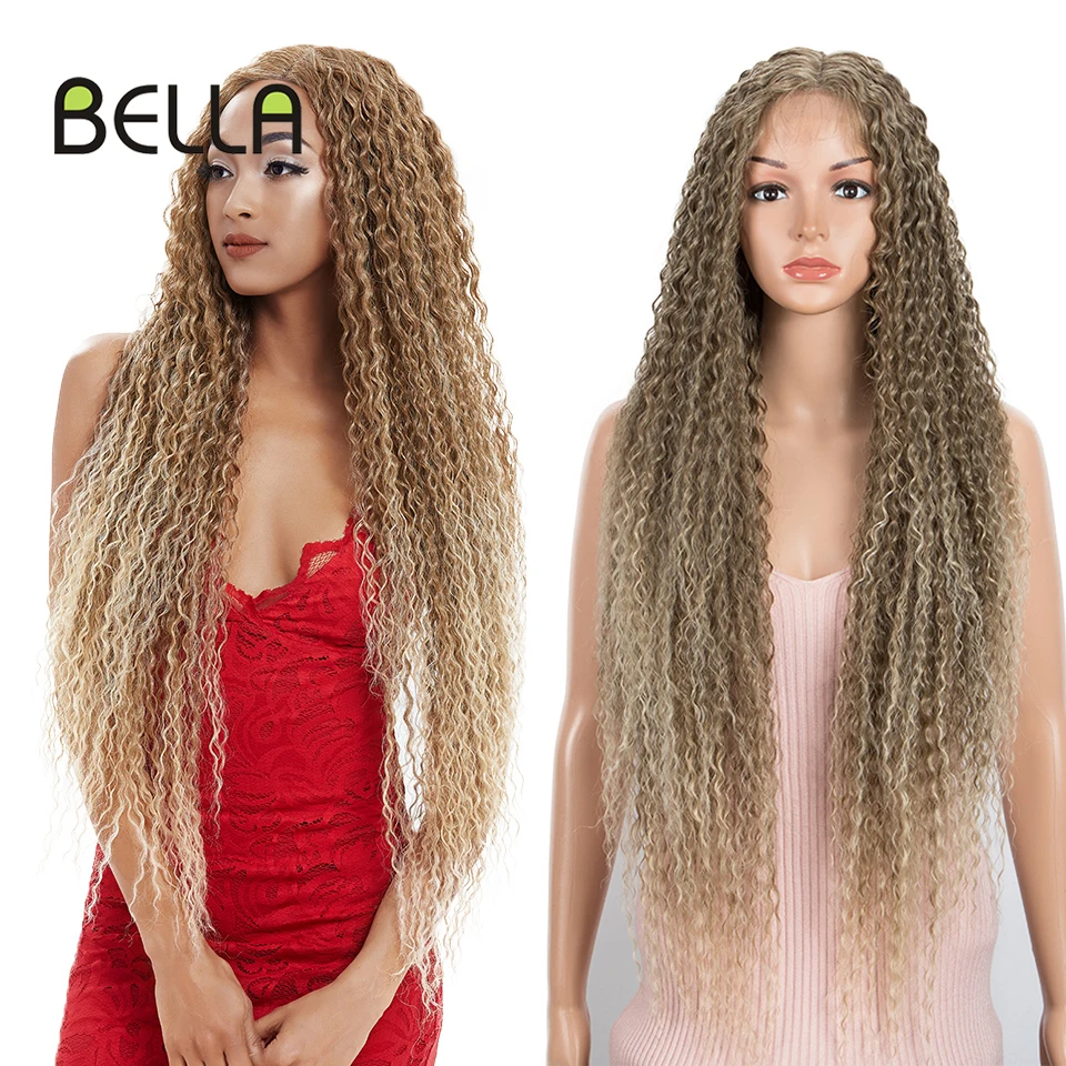 Bella Curly Wave Synthetic Lace Wigs Cosplay Kinky Curly Hair Blonde Wig 38 Inch HD Lace Front Wig Wigs Heat Resistant For Women