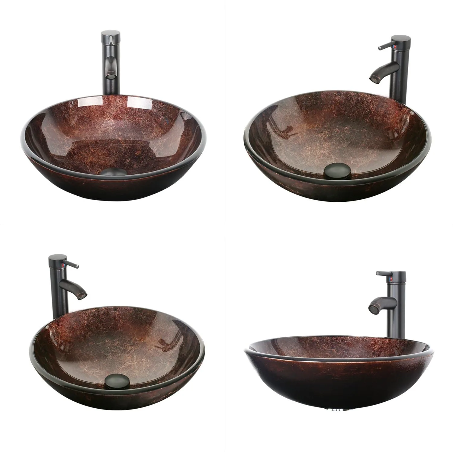 16.5" Bathroom Vessel Sink Modern Artistic Single Brown Glass Basin Countertop Bowl Sink for Lavatory Vanity Cabinet ﻿