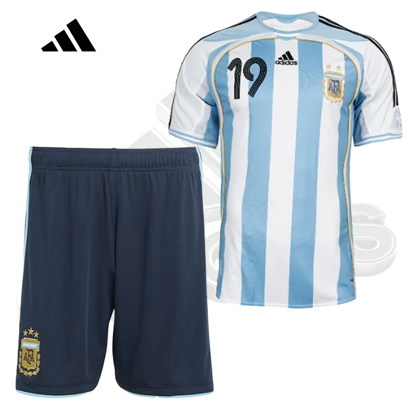 Conjunto Retro de Camiseta y Pantalones Cortos de Fútbol Adidas Argentina Copa Mundial 2006 con Messi # 19 Impresiones JM1325+JN3708