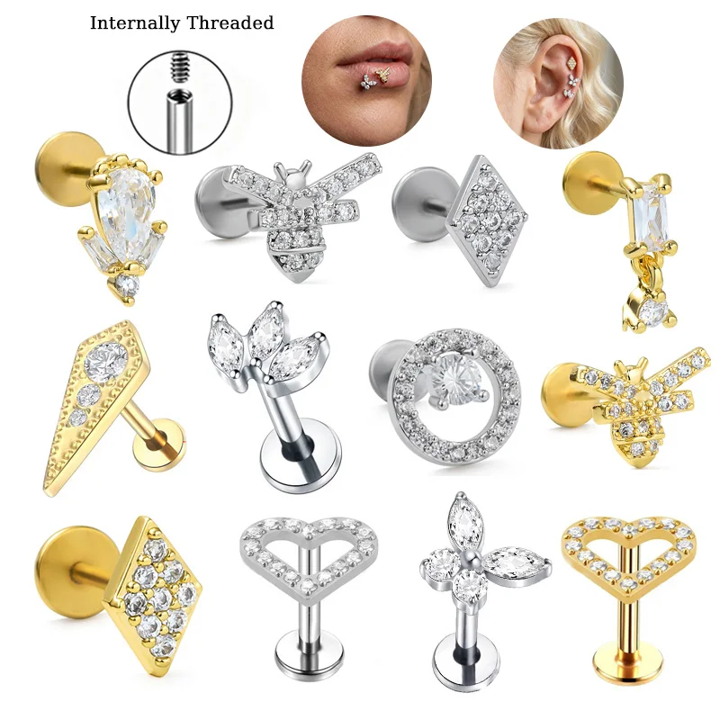 Cute CZ Shape Labret Piercing Jewelry Internally Threaded Studs Bee Heart Butterfly Geometric Lip Cartilage Earring Accessory