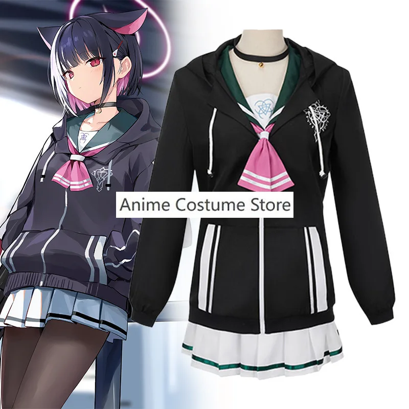 Anime Blue Archive Kyoyama Kazusa Cosplay Costume Women XS-XXXL Girl Black Hoodie Sailor Suits Skirt Pink Bow-Tie Stocking Wig