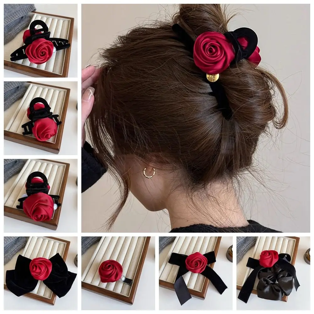 Pinza de agarre para el pelo con lazo de terciopelo con perlas para niña, pinza para el pelo con flores, rosa roja, tocado de estilo coreano, diadema de terciopelo