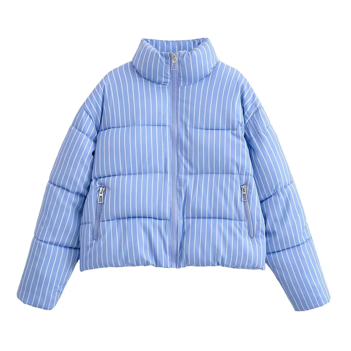 

Winter New Women Casual Fashion Simple Loose Versatile Blue White Striped Female Long-Sleeved Cotton Jacket