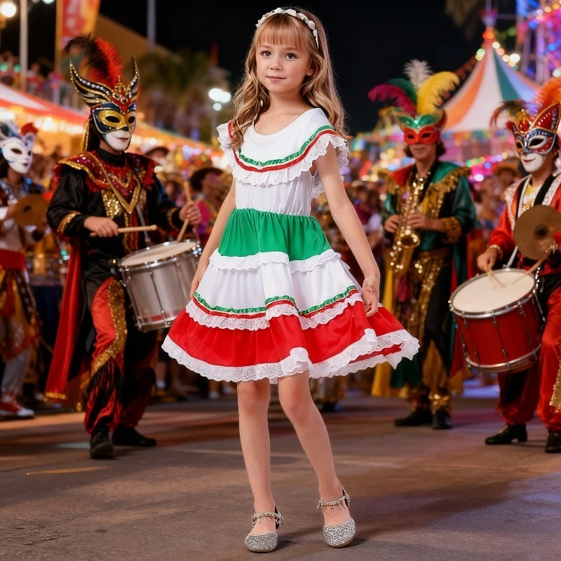 

Girls Sweet Cinco De Mayo Dress Mexican Lace Floral Dress with Sleeves Traditional Folk Costume for Fiesta Carnival Party