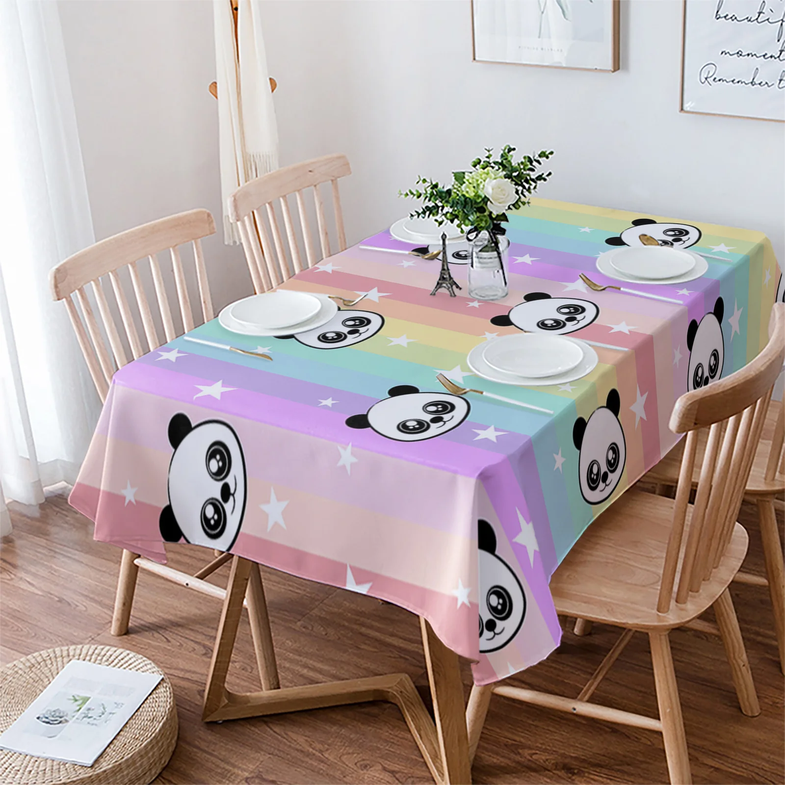 

Cartoon Animal Panda Star Rainbow Stripes Tablecloth Waterproof Dining Table Rectangular Round Home Kitchen Decoration