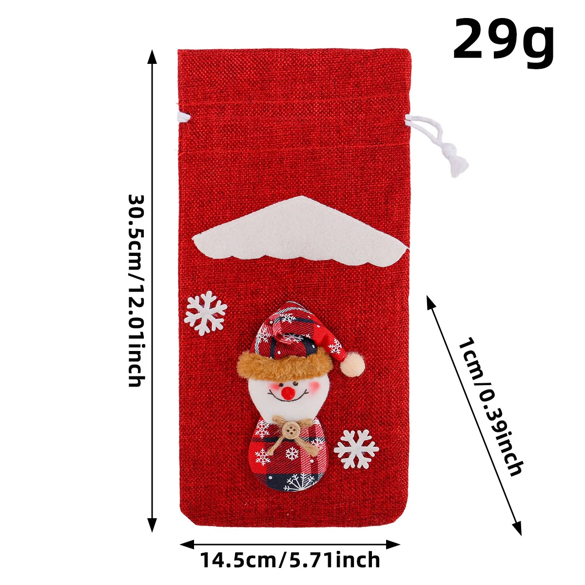 

Christmas wine bottle cover with Santa and snowman pattern holiday table decoration drawstring closure cloth fabric