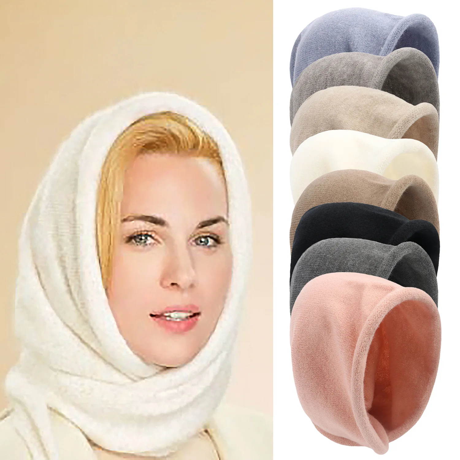 New winter scarf and hat combo for ladies – made of faux cashmere, knitted in a DIY style, featuring a hood and a pull-on design